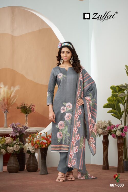 Grey Floral Printed Ethnic Suit Set with Elegant Dupatta